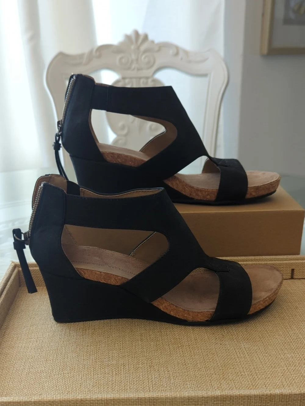 Adrienne Vittadini Black Tricia  Wedge Sandals Back Zip Cork Plataform 6.5